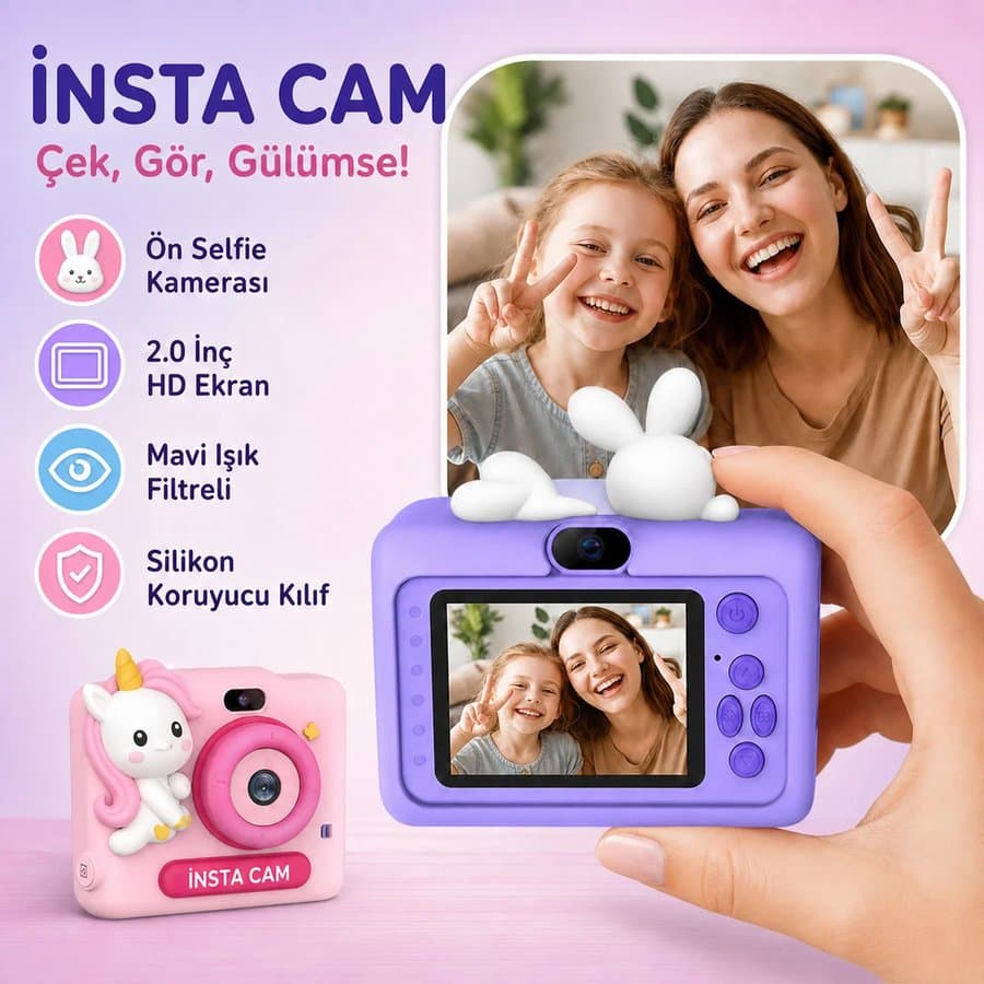 İnsta Cam Çocuk Dijital Fotoğraf Makinesi — Selfie Kameralı, 2" HD Ekran, Silikon Kılıflı ürün görseli