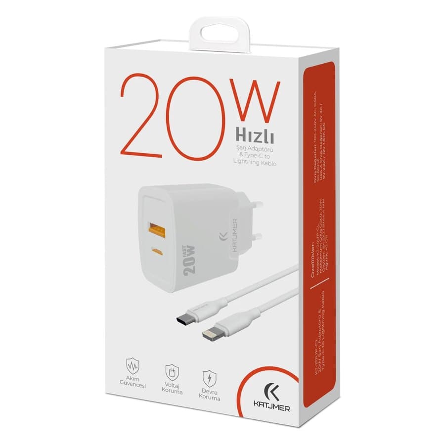 Katjmer KJ-20UP-CL 20W USB-PD Şarj Adaptörü + Type-C to Lightning Kablo ürün görseli Yan Gorunum