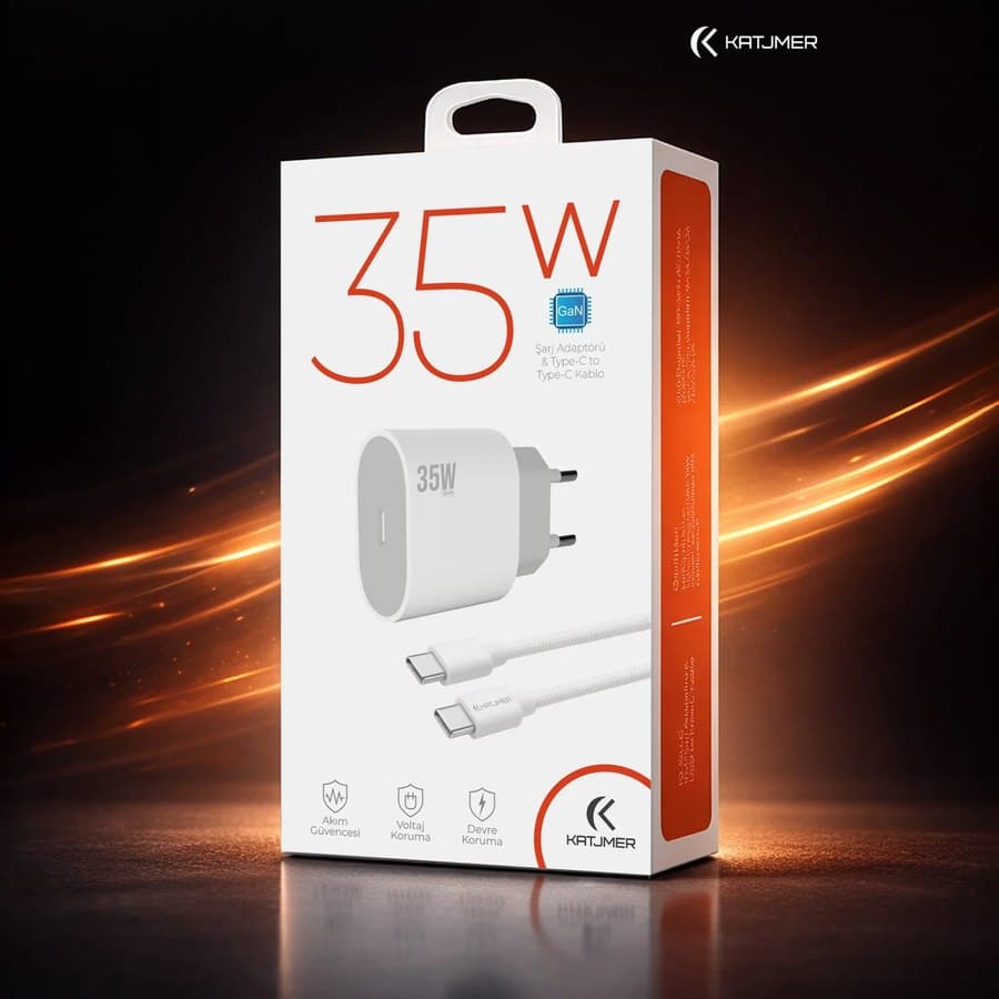 Katjmer KJ-35PG-CC 35W GaN PD Şarj Adaptörü + Type-C to Type-C Kablo ürün görseli