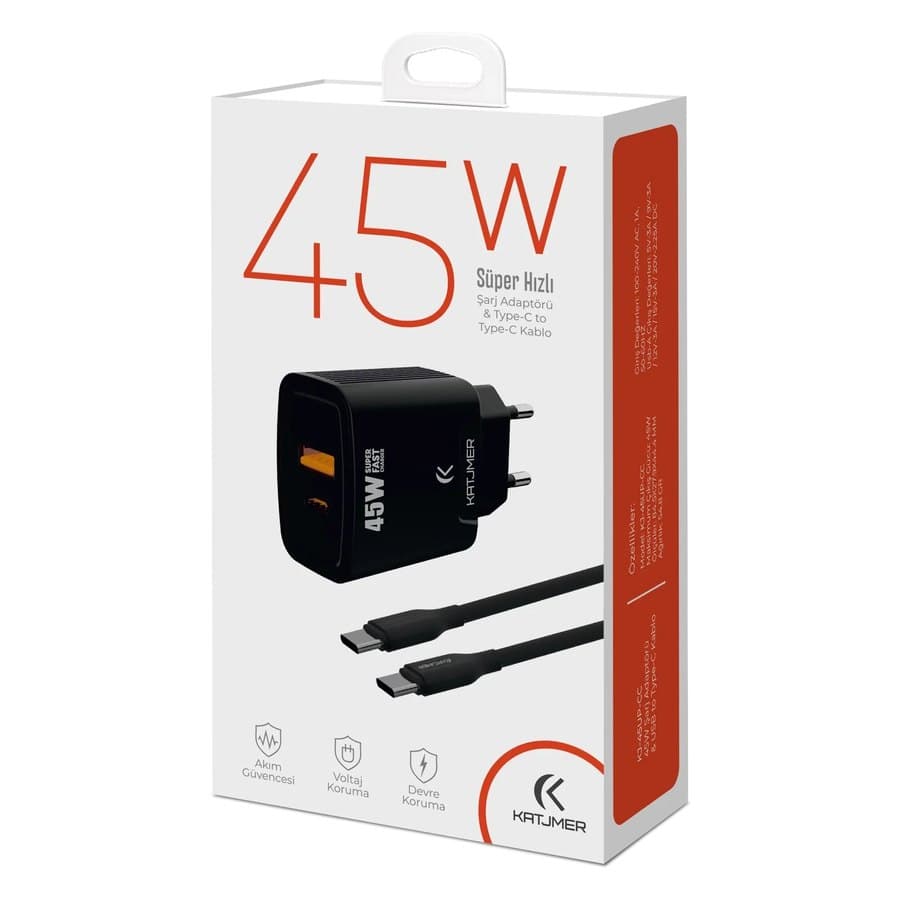 Katjmer KJ-45UP-CC 45W USB-PD Şarj Adaptörü + Type-C to Type-C Kablo ürün görseli Yan Gorunum