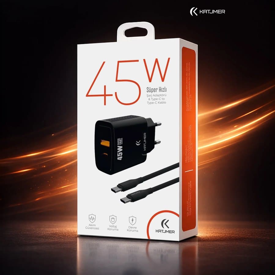 Katjmer KJ-45UP-CC 45W USB-PD Şarj Adaptörü + Type-C to Type-C Kablo ürün görseli